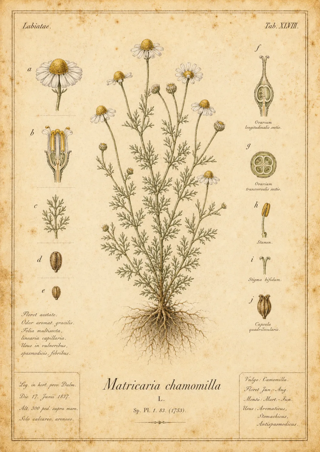 Prancha de herbário de camomila