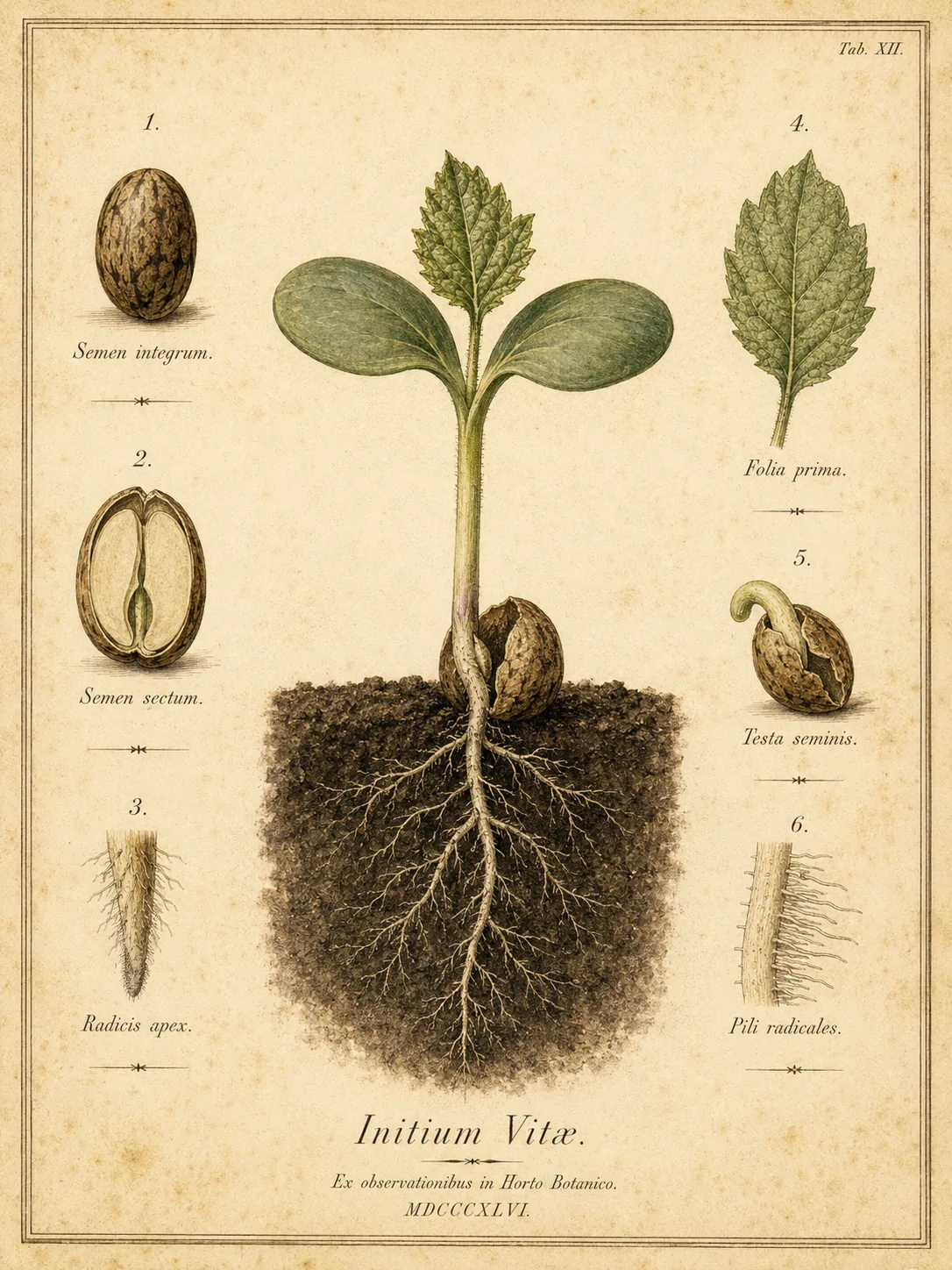 Prancha de herbário vintage — semente germinando